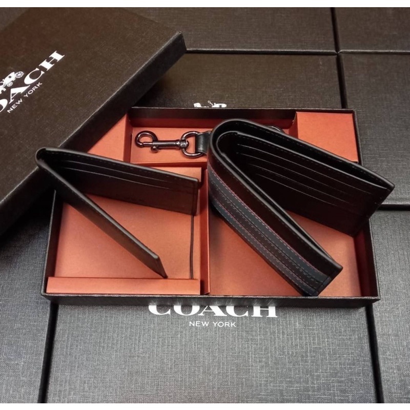 C0ACH 3-IN-1 WALLET WITH VARSITY STRIPE WITH KEY FOB LIMITED BOX (24649)