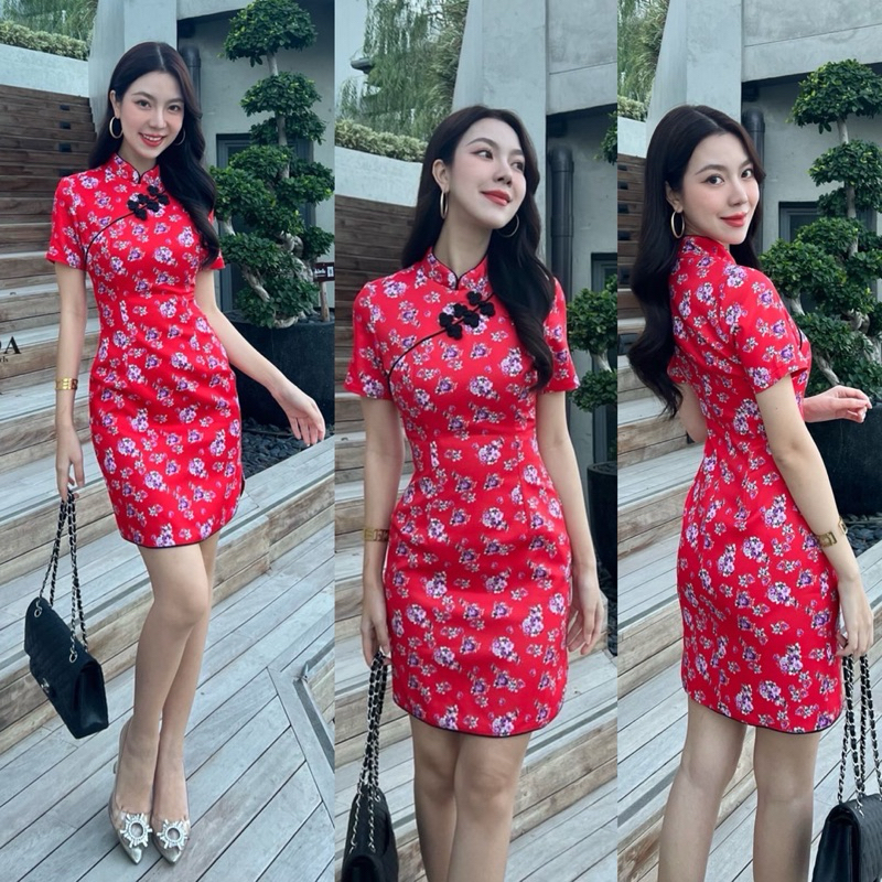 เดรสกี่เพ้าสีแดงผ้าพิมพ์ลายป้ายLinda