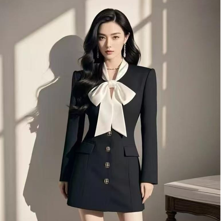 【Karlyn】FZ-CC-H29# ชุดเดรสแขนยาวทรงสูท ผูกโบว์ ใส่ทำงานได้ ลุคสวยคม สไตล์เกาหลี