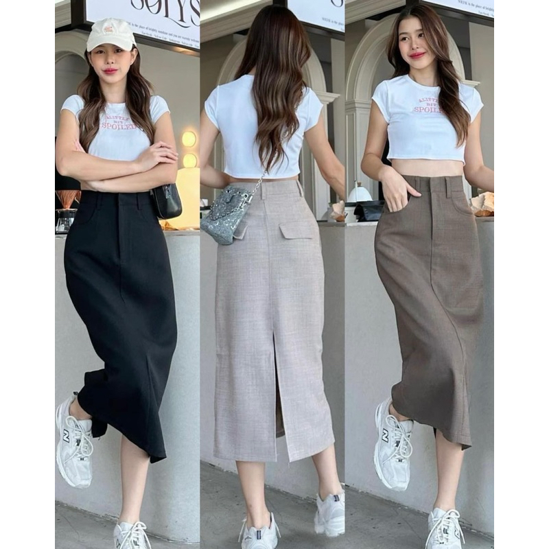 กระโปรงY2Kเอวสูงผ่าหลังดีเทลกระเป๋าหลังหลอกเก็บทรงสวยS-2XL✅