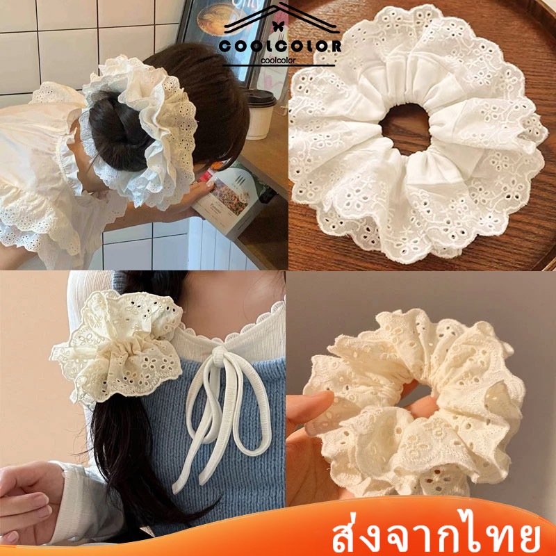 ในไทย💖ยางรัดผมผ้าฝ้ายลูกไม้หางม้าถักเปียวงกลมลำไส้ใหญ่สีขาวหวานสําหรับผู้หญิง เครื่องประดับผมแฟชั่น.COD
