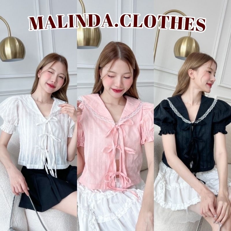MALINDA​ เสื้อครอปแขนตุ๊กตา ผูกโบว์ คอแต่งลูกไม้ อก28-34​นิ้ว​ 🐈‍⬛⸝⋆ พร้อม​ส่ง