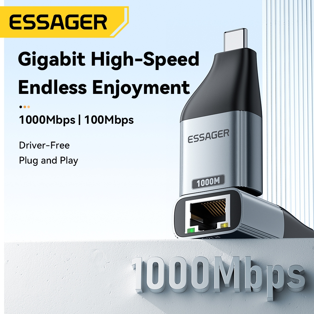 Essager 1000M RJ45 to Type-c อะแดปเตอร์พอร์ตเครือข่าย รองรับหลายระบบ