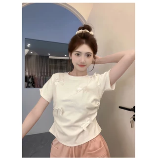Beryl 🌻 เสื้อยืดคอกลมผูกโบว์สีขาวสำหรับผู้หญิง 🎀 เวอร์ชั่นเกาหลี น่ารัก ขี้เล่น แขนสั้น ลำลอง ผอมเพรียว เสื้อท่อนบน