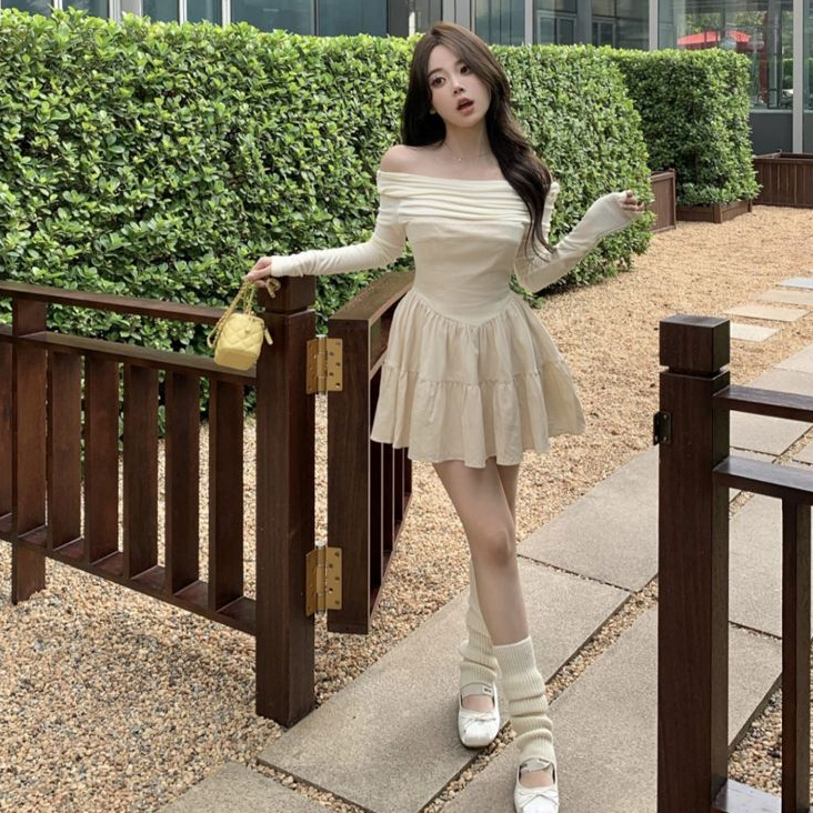 💗เดรสไหล่เดียว💗 เดรสแขนยาว เดรสทรงตู่ ทรงบัลเล่ต์ฝรั่งเศส สไตล์สาวหวาน กระโปรงเว้าไหล่ - รูปที่ 2