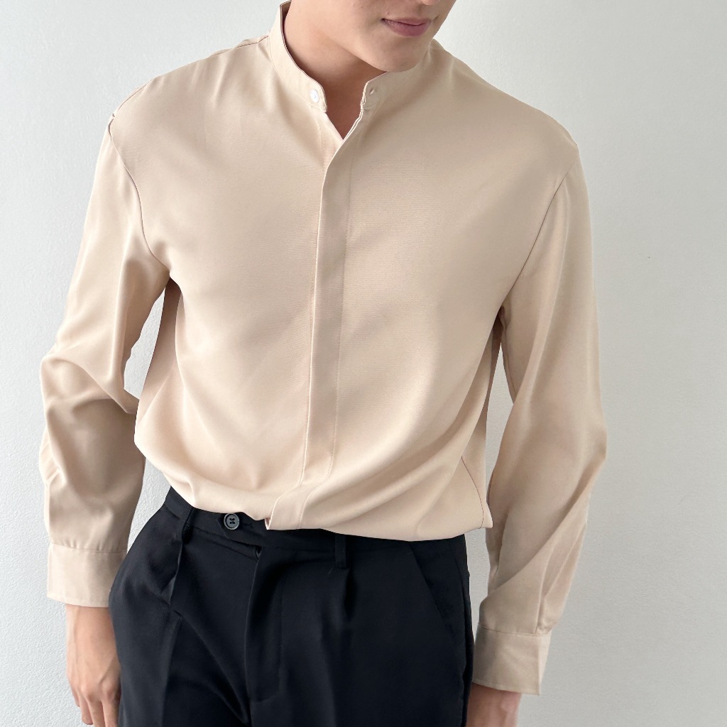 KINS | เสื้อเชิ้ตคอจีน เสื้อเชิ้ต เนื้อผ้าทิ้งตัว เสื้อคอจีน เสื้อเชิ้ตผู้ชาย (รหัส : KN81)