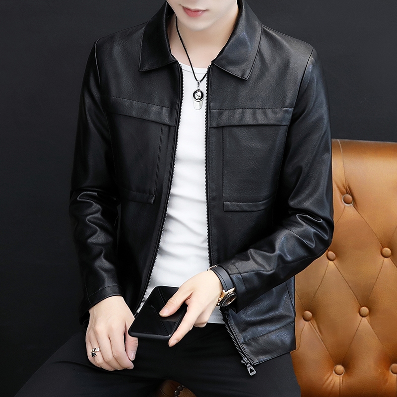 เสื้อหนังผู้ชาย หนังพียูคุณภาพสูง การออกแบบซิป ใส่สบาย แฟชั่นสไตล์ลำลองสำหรับนักธุรกิจ แจ็คเก็ตหนังสไตล์เกาหลีเข้ารูป