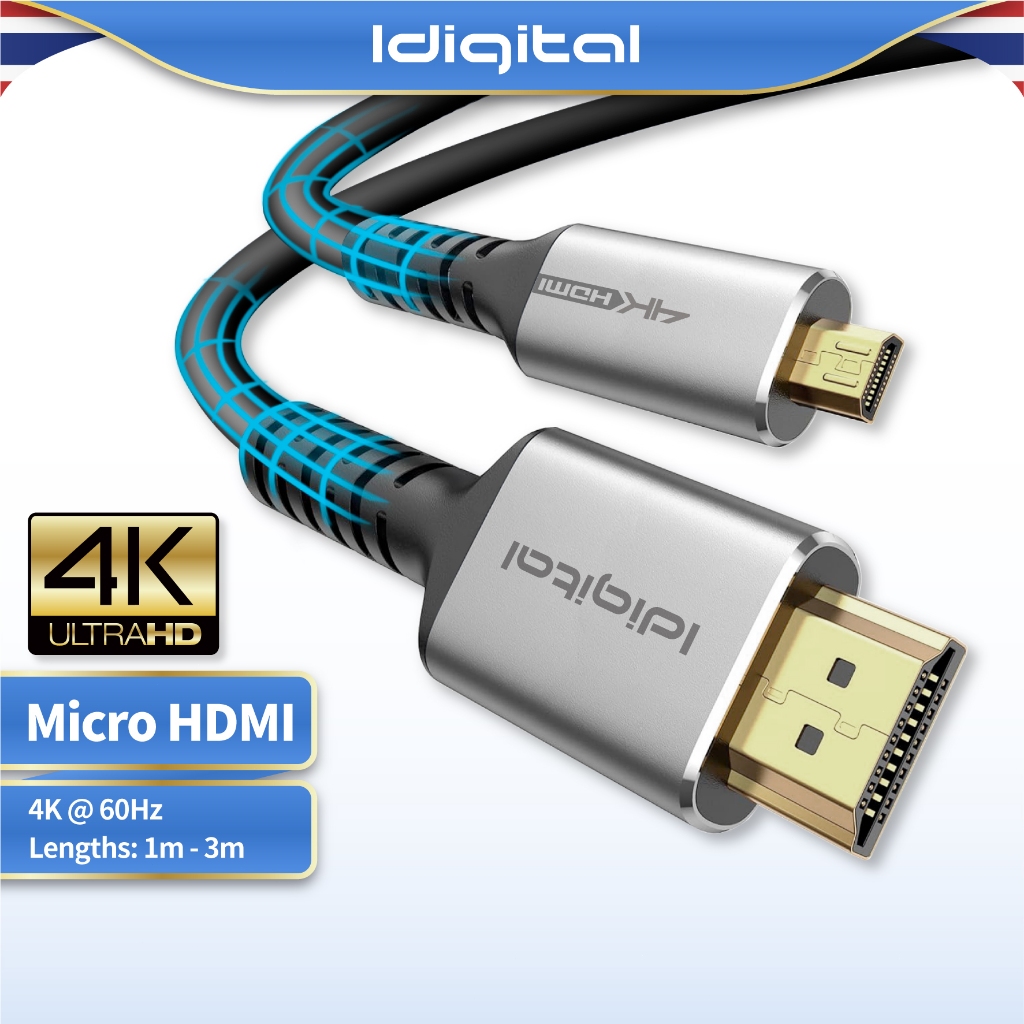 Idigital สาย Micro HDMI to HDMI Cable, 4K 60Hz, 2K 144Hz, 1080p 240Hz, 1m-3m, สำหรับกล้อง, GoPro, DV