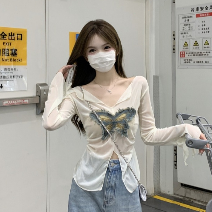 กรีดครีมกันแดดแขนยาวเสื้อยืดผู้หญิงฤดูใบไม้ร่วง 2024 ใหม่เอวบางเสื้อด้านบน - รูปที่ 2