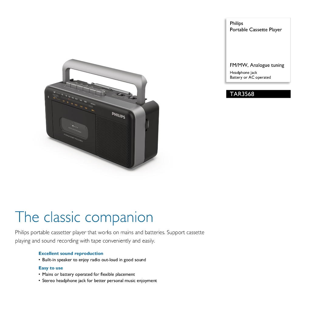 ( พรีออเดอร์ ) PHILIPS เครื่องเล่นเทปคาสเซ็ท, วิทยุ AM-FM, USB / Portable Cassette Player TAR3568 ราคา ถูกที่สุด ดีลบีเคเค แกลเลอรีภาพที่ 8