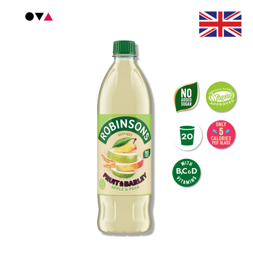 Robinsons Fruit & Barley Peach 1 ลิตร: น้ำแอปเปิ้ล ลูกแพร์ และข้าวบาร์เลย์ สดชื่นและมีประโยชน์