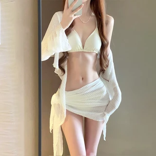 ชุดว่ายน้ำ3ชิ้น ชุดว่ายน้ำบิกินี่ bikini set black แขนยาวกลับด้านได้ มีฟองน้ำ ลดราคา50%