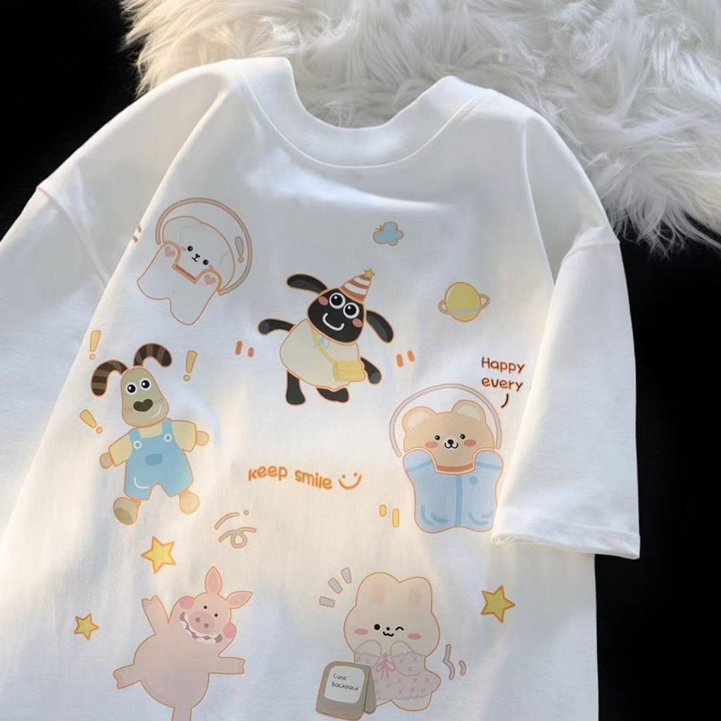 เสื้อยืดลายน่ารัก เนื้อผ้าคอตตอลแท้ CM91 สีไม่ตกเนื้อผ้าดี ตัดเย็บดี