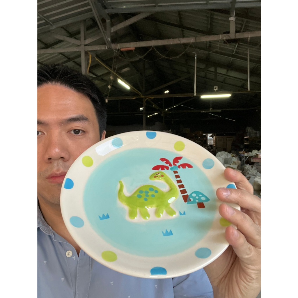 จานเค้ก เซรามิค ขนาด 8 นิ้ว ลายไดโนเสาร์ จานขนมสไตล์คาเฟ่มินิมอล เข้าไมโครเวฟได้ ออกใบกำกับภาษีได้