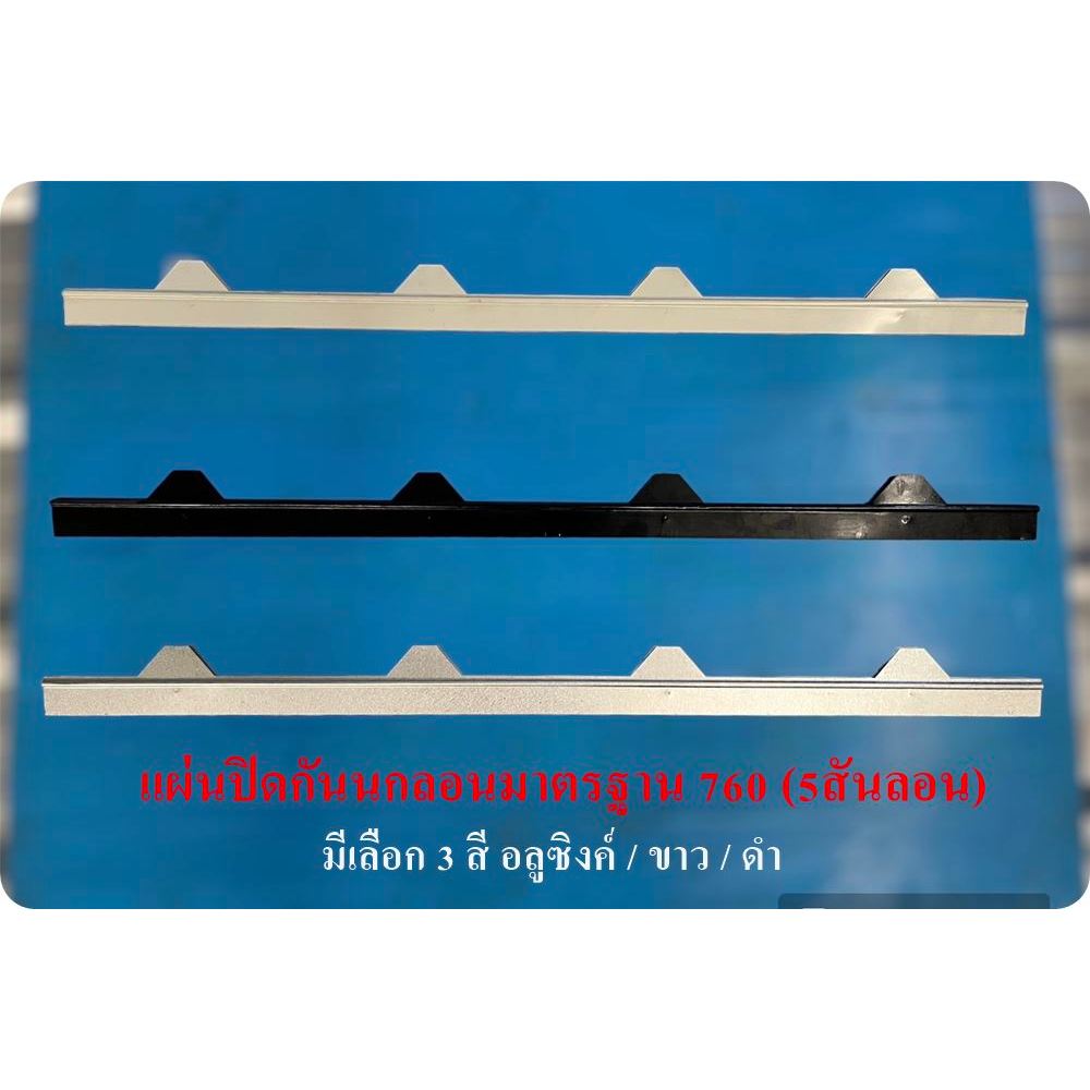 แผ่นปิดกันนก แผ่นปิดเชิงชาย สำหรับเมทัลชีทลอนมาตรฐาน760( 5 สันลอน)มีสีอลูซิงค์ สีขาว สีดำ สีเทาเข้ม