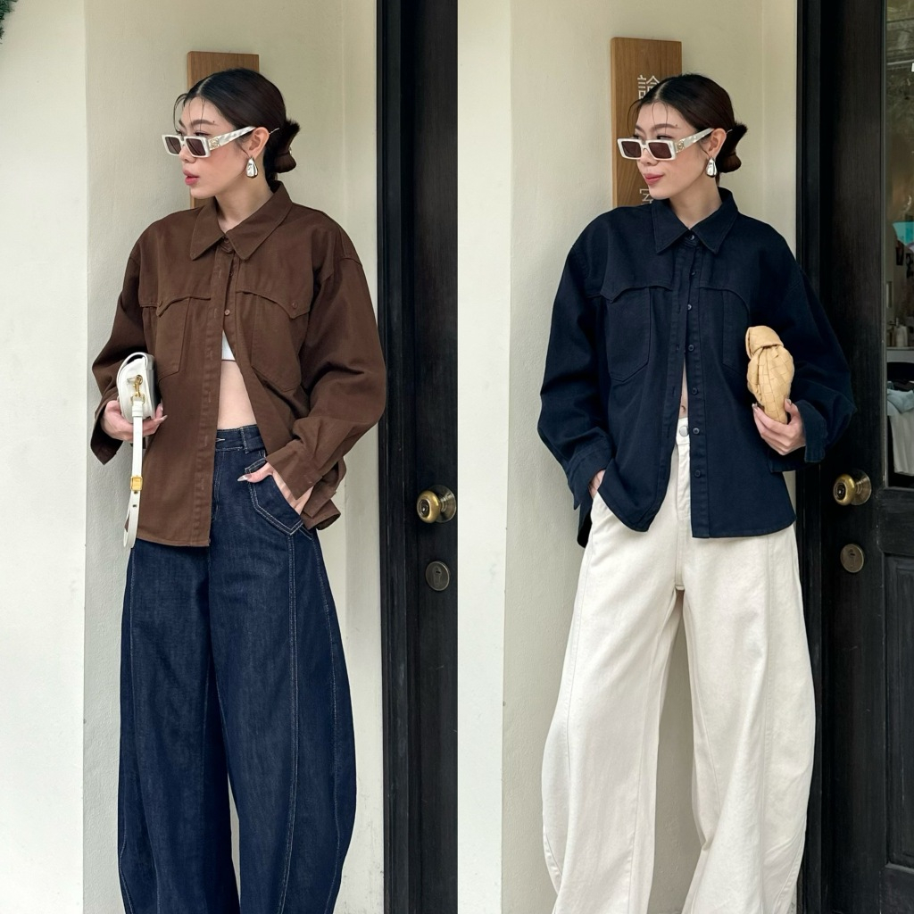 กรมพร้อมส่ง | เสื้อเชิ้ตทรงโอเวอร์ไซส์ ดีเทลกระเป๋าโค้งที่อก ใส่สบายมาก | Oversized Denim Shirt | STUDIOX2 | Hot Madam