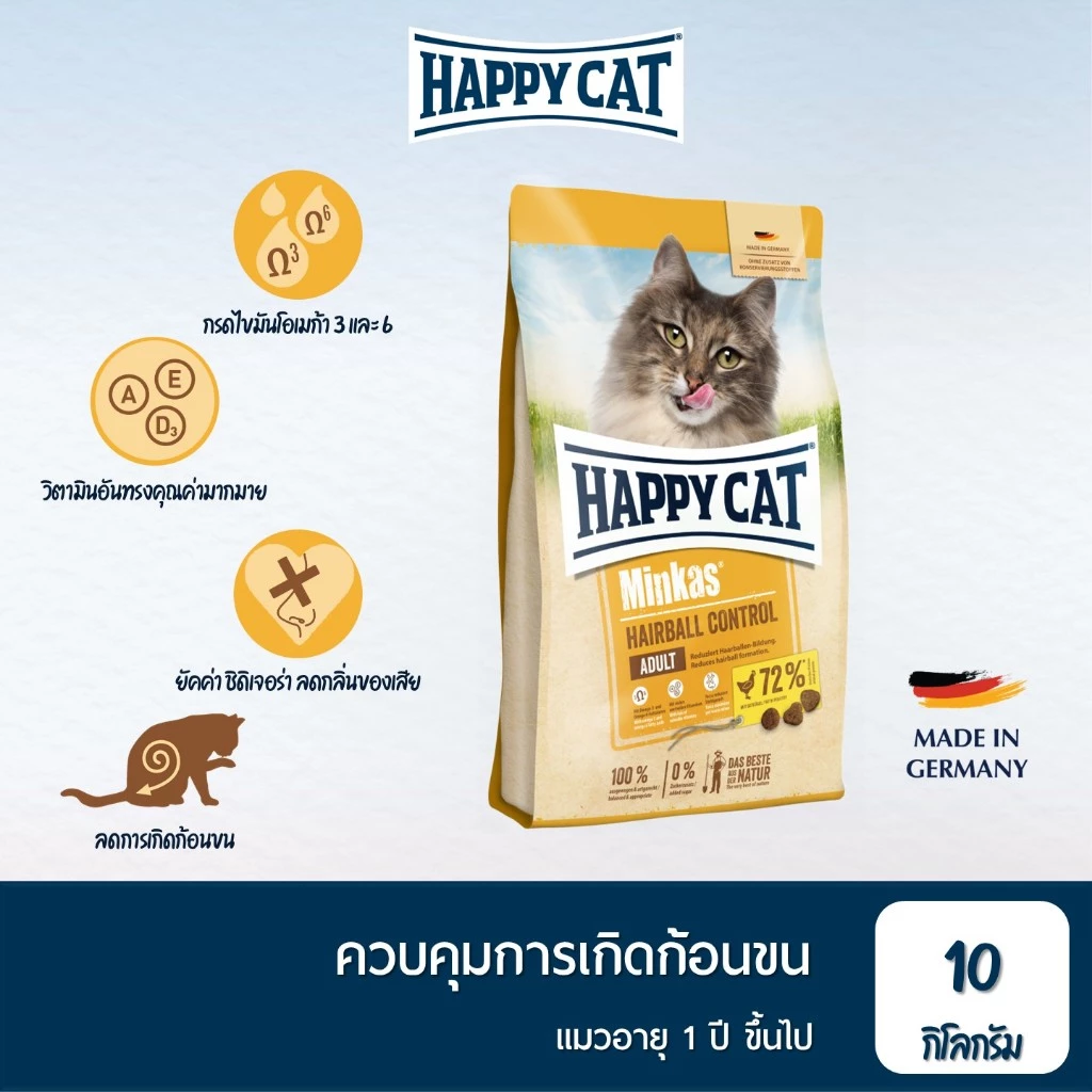 HAPPY CAT Minkas Hairball Control อาหารแมวโต สูตรควบคุมการเกิดก้อนขน เนื้อสัตว์ปีกและเนื้อปลา 10 Kg