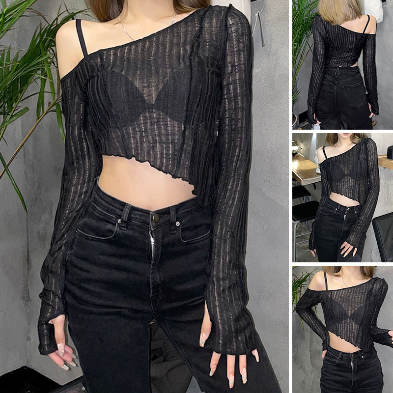 ผู้หญิง ชุดลำลอง เสื้อยืดแขนยาว แฟชั่นสีทึบ ไหล่เอียง ผิดปกติ เปิดเผย navel สุดยอด