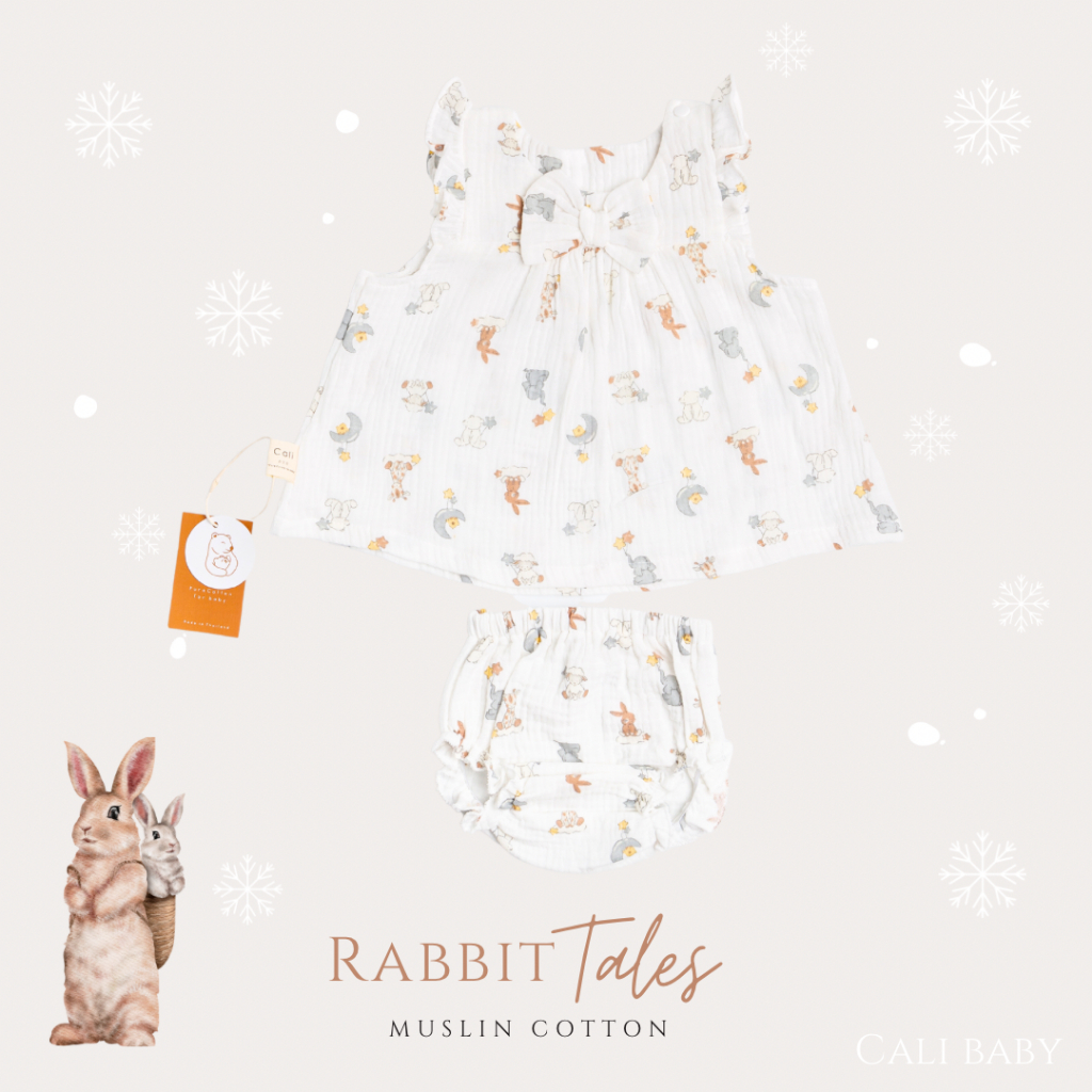 Cali ชุดเด็กอ่อน แขนกุดระบาย 0-3 เดือน ผ้ามัสลินทอ สไตล์เกาหลี *Rabbit tale *ป้าย Cali Baby