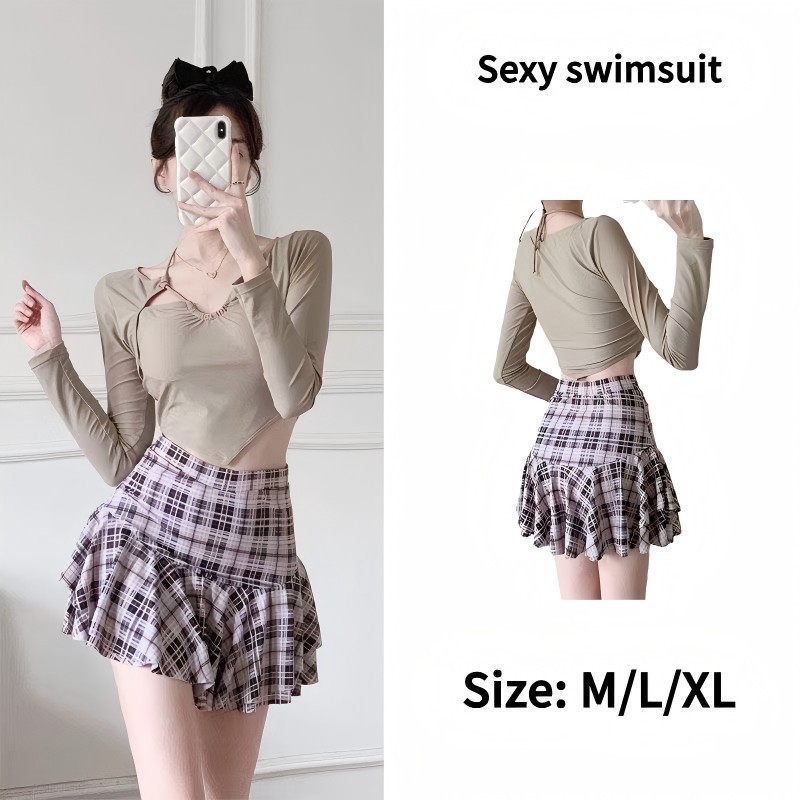 พร้อ​มส่ง Sexy swimsuit ชุดว่ายน้ำ 2 ชิ้น แขนยาว กระโปรงลายสก๊อต สไตล์แฟชั่น และผ้าเนื้อดี