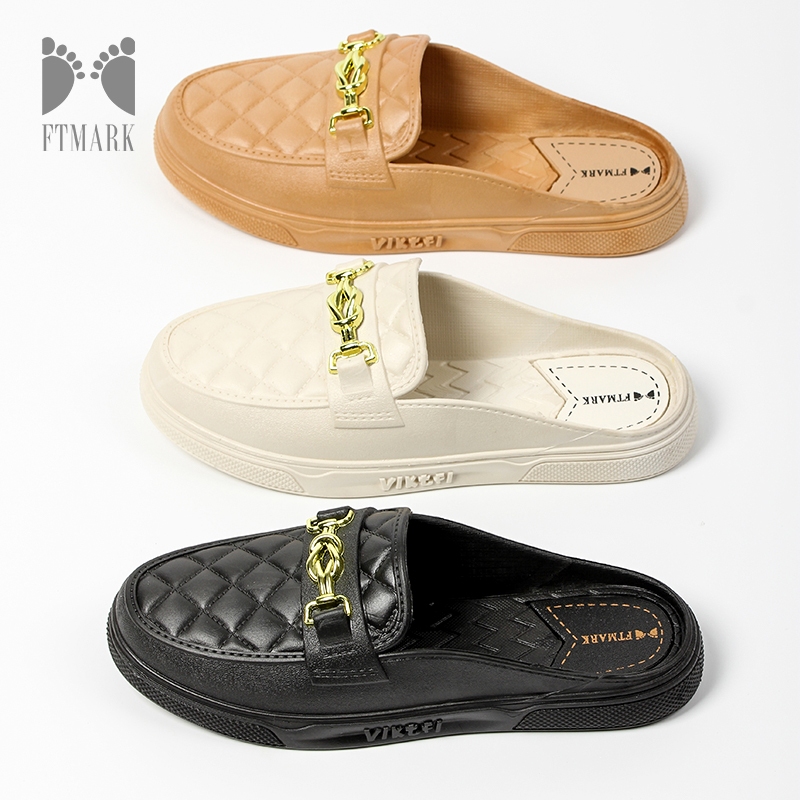 รองเท้าสวมสบาย สไตล์หรูหรา ลายตาราง พร้อมดีเทลโซ่สีทอง มีหลายสีให้เลือก