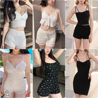 Polar_night💕💕ลายดอกไม้ ชุดจั๊มสูทผ้าฝ้าย เสื้อสายเดี่ยว+กางเ…