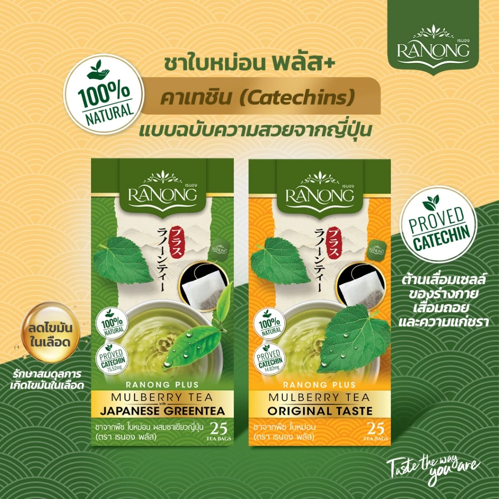 Ranong Tea เรนองที 🌱 พลัส ชาเขียว ชาใบหม่อน [25 ซอง50g] 2 รสชาติ 🌱รสดั้งเดิม รสญี่ปุ่น Green Tea