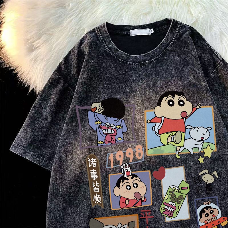เสื้อฟอกวินเทจผู้หญิงเท่ๆ ผ้าคอตตอน100% oversize เสื้อผ้าแฟชั่นเกาหลี เสื้อยืดคู่กับแฟนโอเวอร์ไซส์ชายและหญิง ลายการ์ตูน