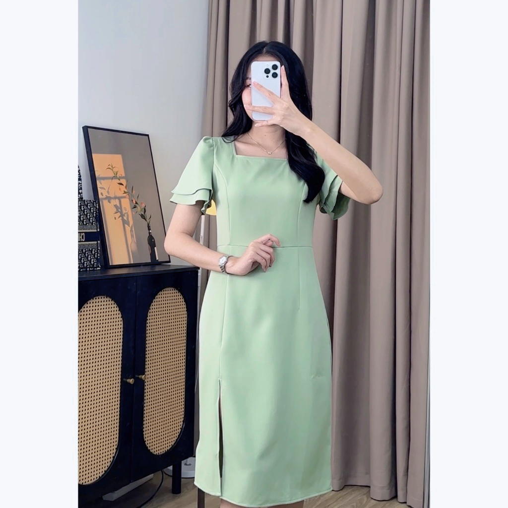 【EVIOVIO】S-4XL เดรสยาว แฟชั่น สีพื้น คอเหลี่ยม แขนเลเยอร์ เดรสทำงาน ออกงาน สำหรับสาวอวบ พลัสไซส์ - รูปที่ 3