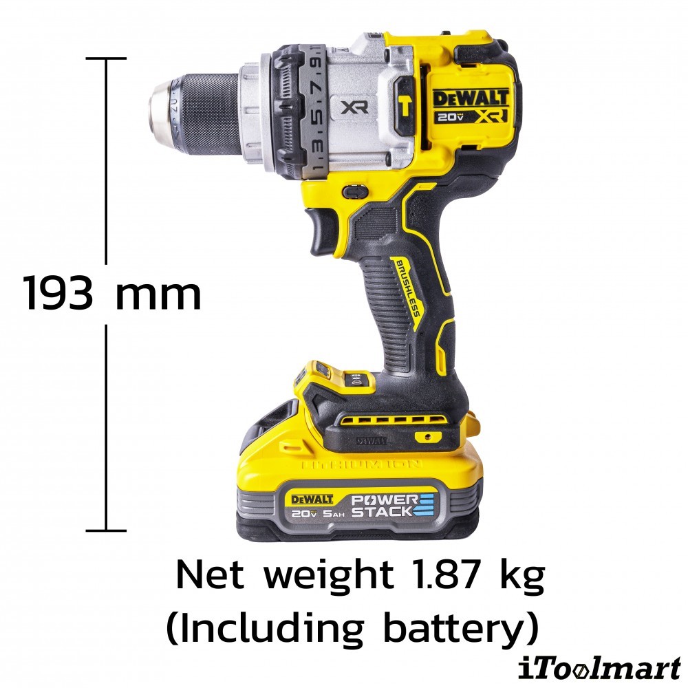 ชุดสว่านกระแทกไร้สาย DeWALT DCD1007H1T-B1 มาพร้อมแบตเตอรี่ + แท่นชาร์จ มอเตอร์ไร้แปรงถ่าน 20V Max