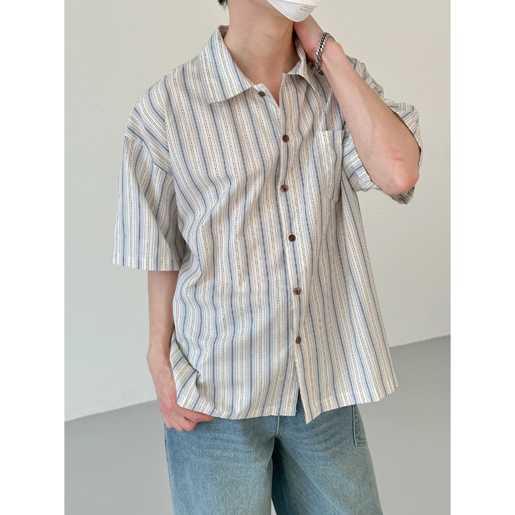 CLIFF เสื้อเชิ้ตผู้ชาย แขนสั้นลายทาง แมทช์ลุคง่าย แบบหลวม แฟชั่น