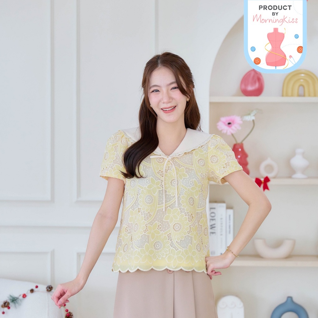 04-334 เสื้อแขนสั้นโทนสีเหลืองเนื้อผ้าฉลุลายสีครีม Olive Lace Blouse - 6 ไซส์