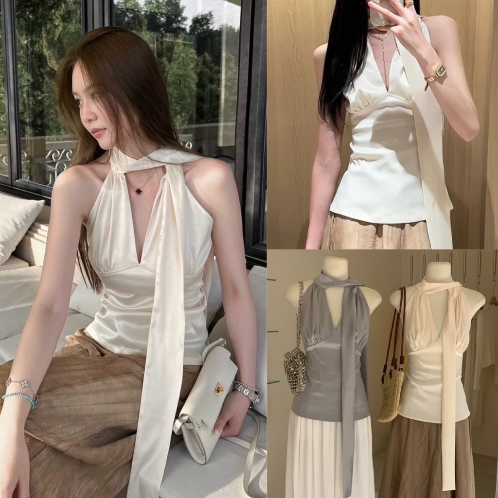 W3123 เสื้อคล้องคอ ผ้าซาติน ด้านข้างมีซิปให้ ทรงเกาหลี ทรงน่ารัก แฟชั่นเกาหลี TAG WG.WE