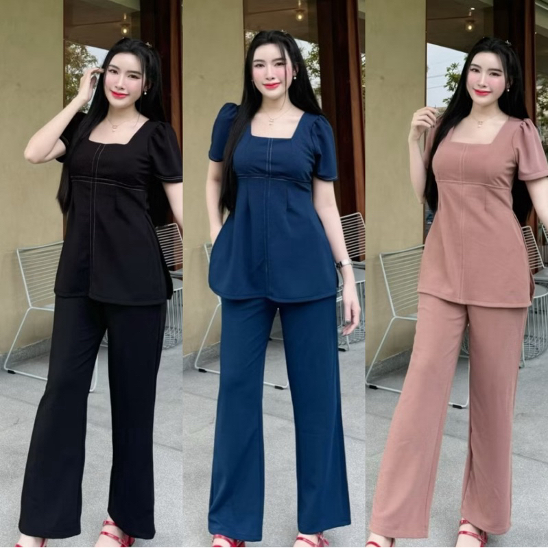 ชุดเซ็ตผ้าวูลเวฟ เสื้อทรงยาวคอเหลี่ยมผ่าข้าง+กางเกงเอวเรียบมีกระเป๋า ป้าย SUGARIO มือ1 size2 ( xl-2x