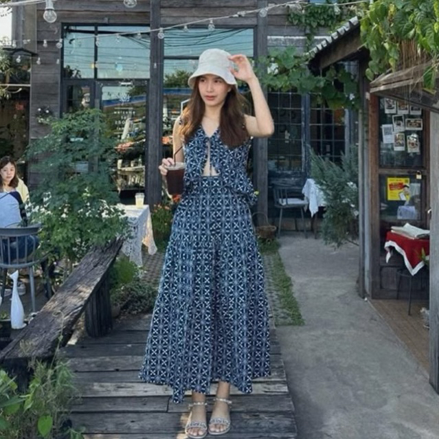 กระโปรงผ้าฝ้าย Handblock+เสื้อCroffle top ผ้าฝ้าย(ชุดเซต)