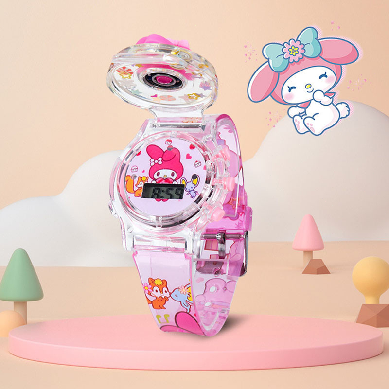 ล่าสุด SANRIO ซานริโอ คุโรมิ ส่องสว่างเพลงนาฬิกาหมุนพลิก ทํานอง เด็กที่มีสีสันกระพริบนาฬิกา นํา ของเล่นของขวัญวันเกิด