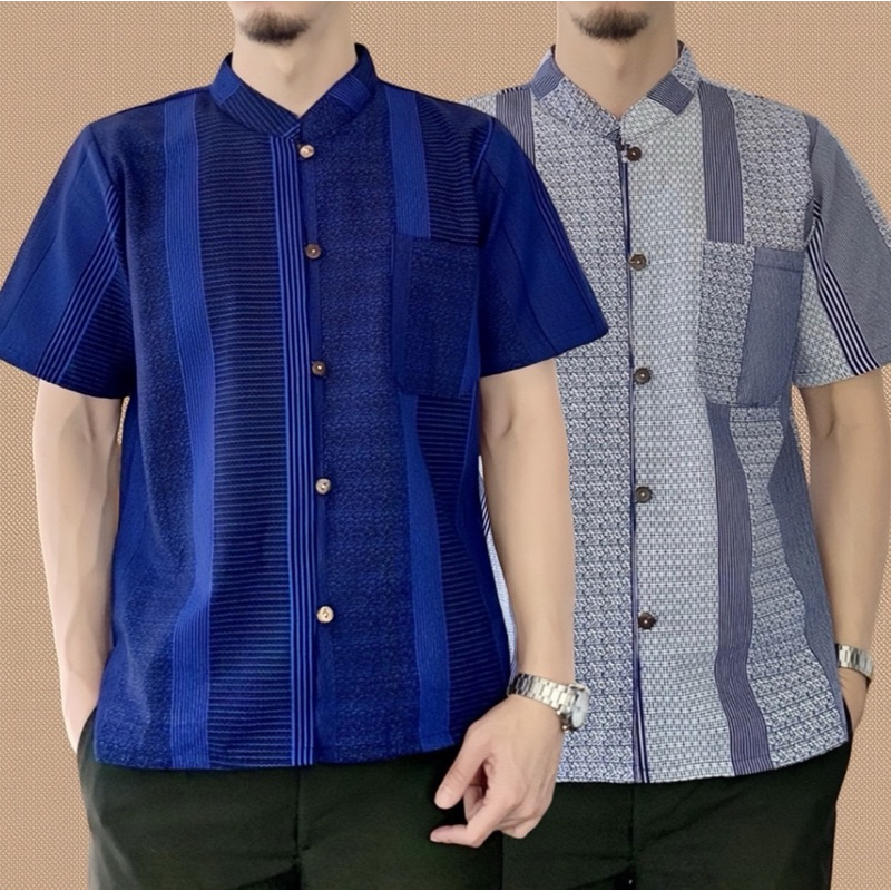 เสื้อพื้นเมืองผู้ชายคอจีนแขนสั้น ลายบาร์โค้ด