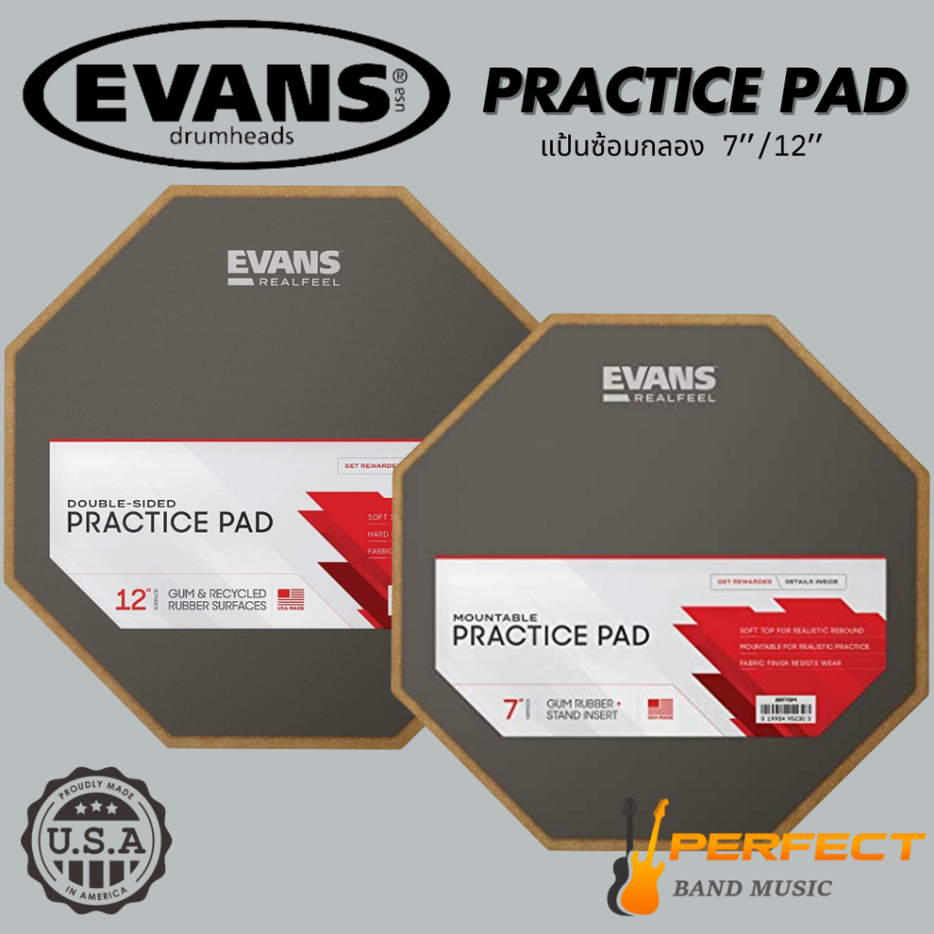 แป้นซ้อมกลอง Evans ผิวยางด้านล่างมีฐานกันลื่น พกพาสะดวก Made in USA.