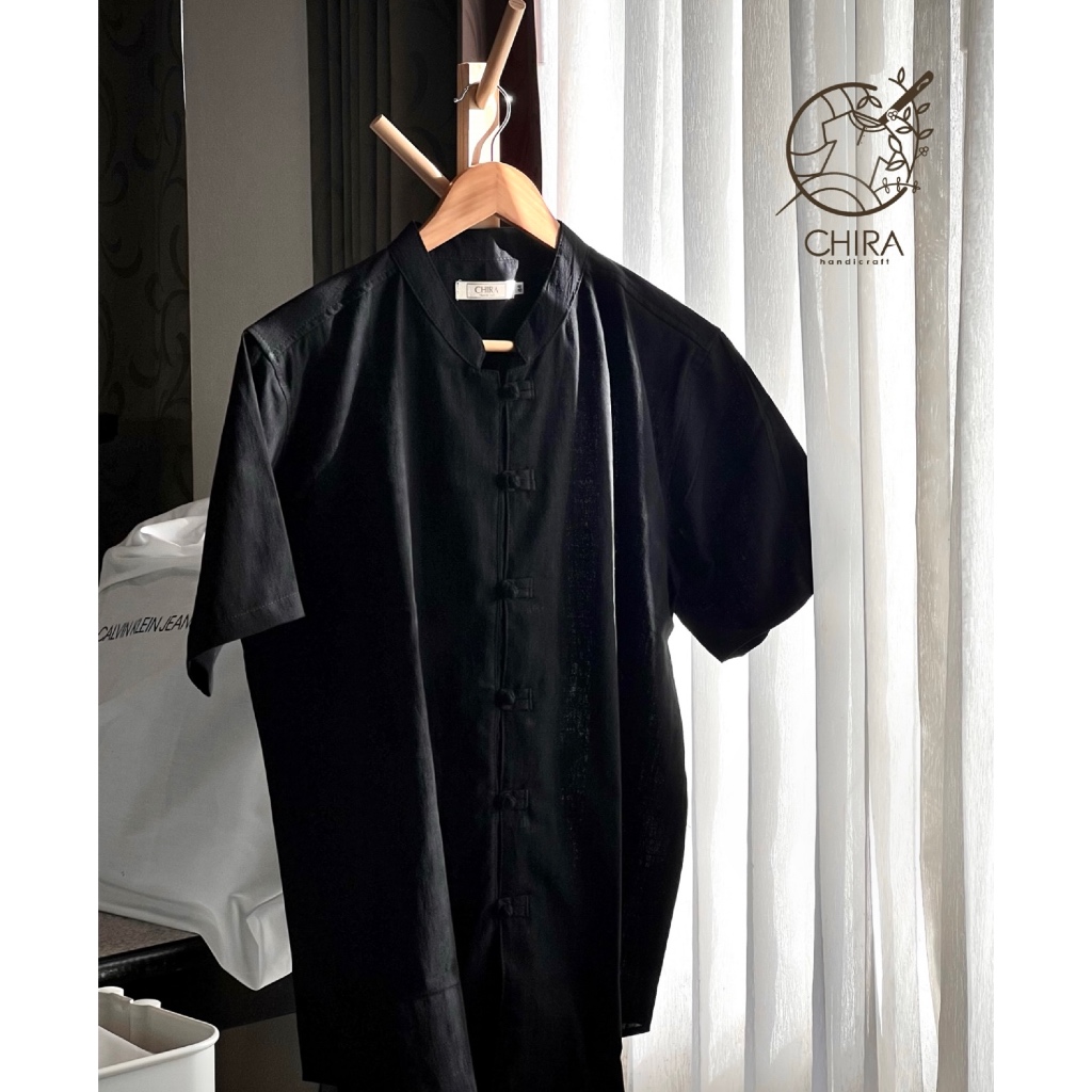 เสื้อคอจีนกระดุมปั้นผ่าหน้าสีดำ (งานตัดเย็บมือ)