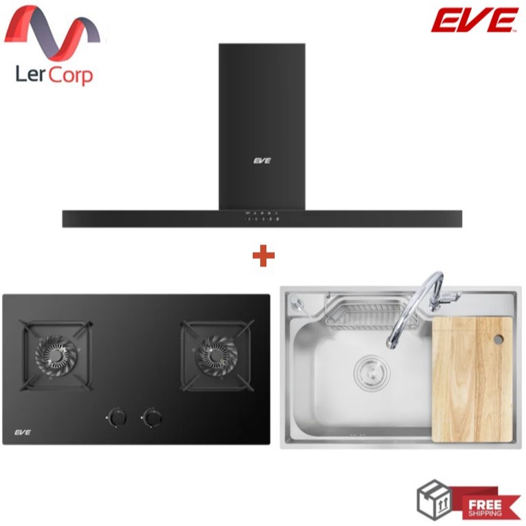 (Eve) เครื่องดูดควันติดผนัง HC-SHADOW-90 PLUS + เตาแก๊ส 2 หัวHB73-B789G/BG + ซิงค์ล้างจาน รุ่น OPTIM