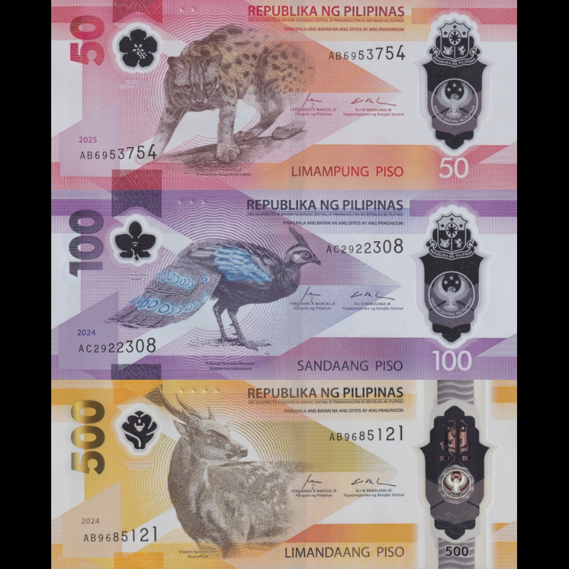 PHILIPPINES Set 3 pcs - 50 100 500 Piso 2024-2025 NEW POLYMER UNC