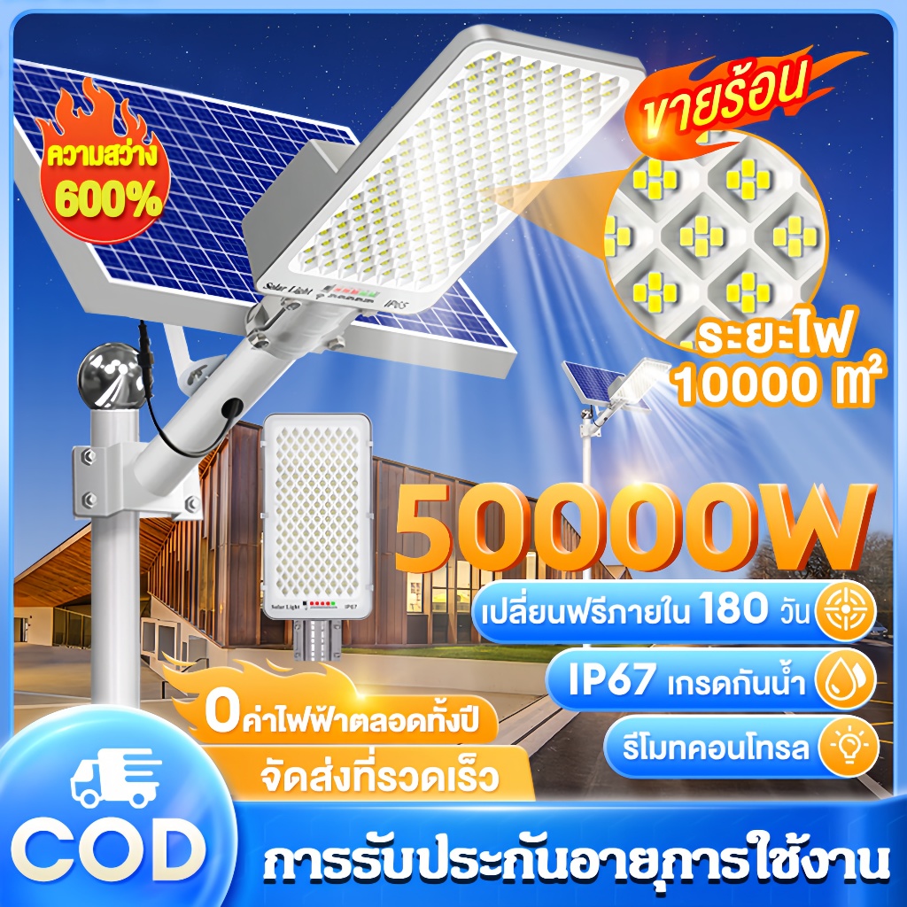 ไฟถนนโซล่าเซลล์ 40000W โคมไฟถนน กลางแจ้งกันน้ำ LED Street Light พร้อมรีโมท ไฟโซลาเซลล์ 688LED