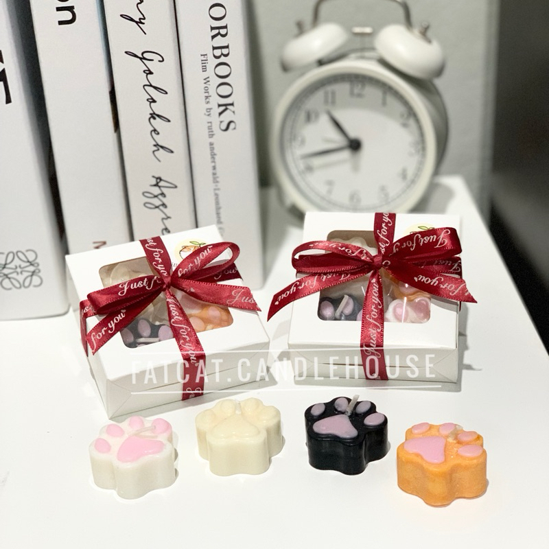 เซ็ตเทียนหอมรูปอุ้งมือแมว 4 กลิ่น / Premium Organic Soywax บรรจุกล่อง / แพ็คถุงใส ของขวัญผูกโบว์ อุ้งเท้าแมว