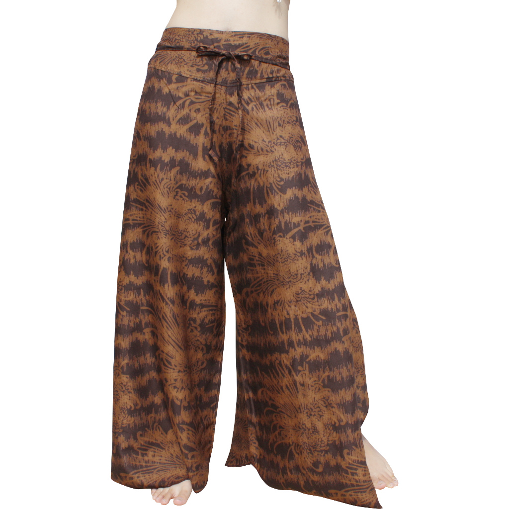 RaanPahMuang กางเกงขาบาน ผ้าเรยอน ลวดลายไทย อินเดีย ลายขนนก สวยงาม สีสด