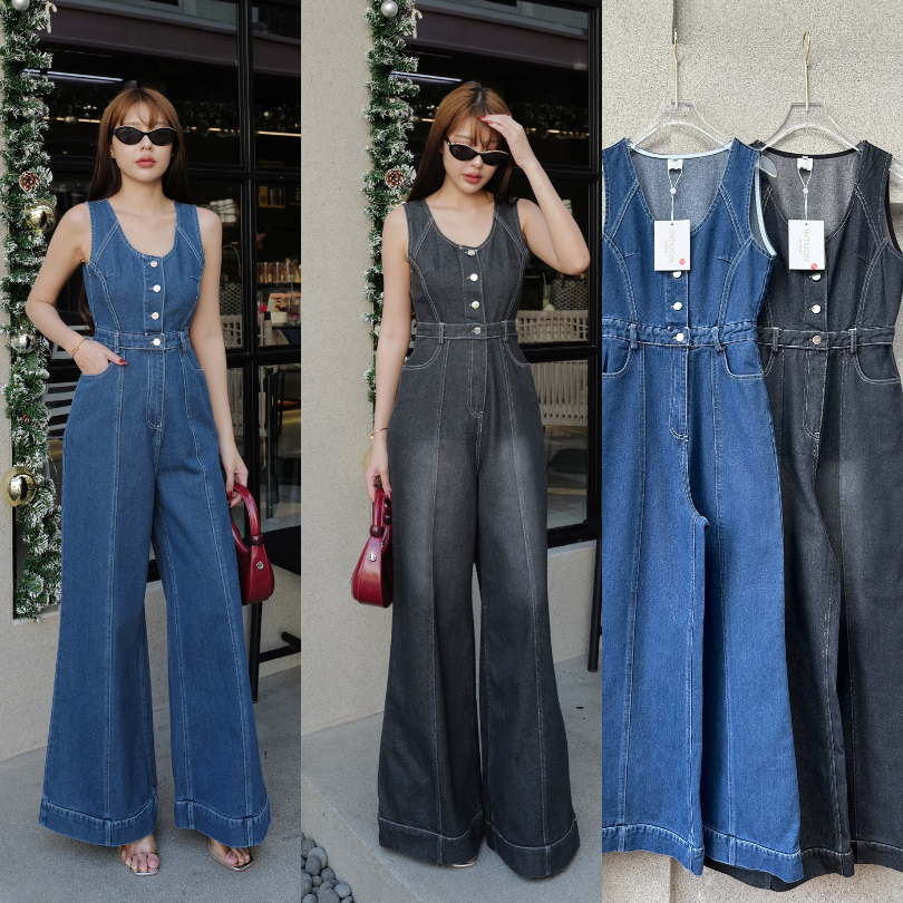 INTUON JEANS  #4708  จั้มยีนส์ขายาวกระบอกใหญ่ แขนกุดคอยู กระดุมหน้า.​(1K) T-SHIRTNISTA