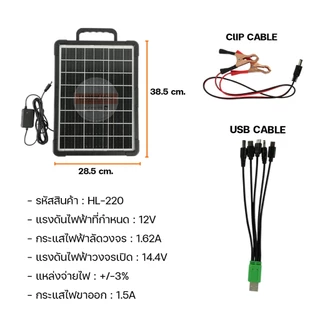 แผงโซล่าเซลล์ 12V ชาร์จขณะตากแดด เฉพาะแผงโซล่าเซลล์ HLX solar cell หัวชาร์จ5in1 HL-210/220/235/255