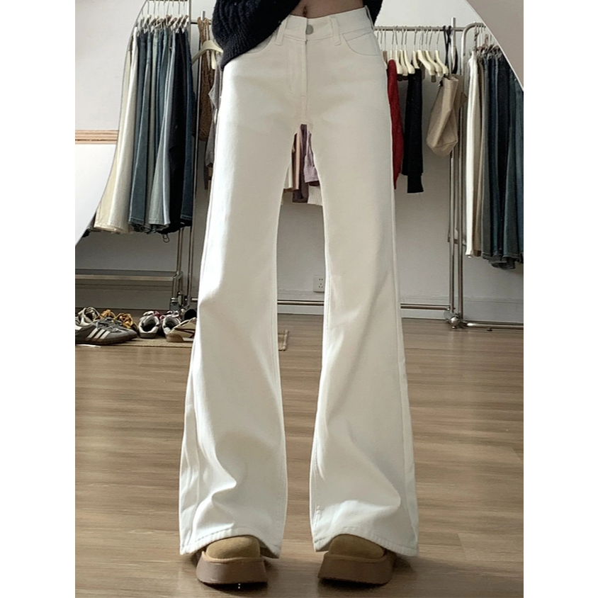 กางเกงยีนส์ขาบานเอวต่ำสีขาวสำหรับผู้หญิง 2025 ใหม่กางเกงทรงตรงขากว้างทรงหลวมหลวม กางเกงถูพื้น