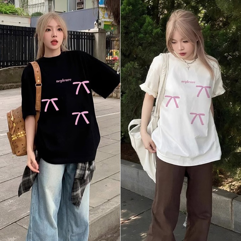 จัดส่งจากกรุงเทพฯ✨เสื้อยืดแขนสั้น เสื้อยืด oversize แฟชั่นสาวอวบ พิมพ์ลายโบว์ผู้หญิงน่ารักๆ สไตล์เกาหลี แมชต์ได้ทุกสไตล์
