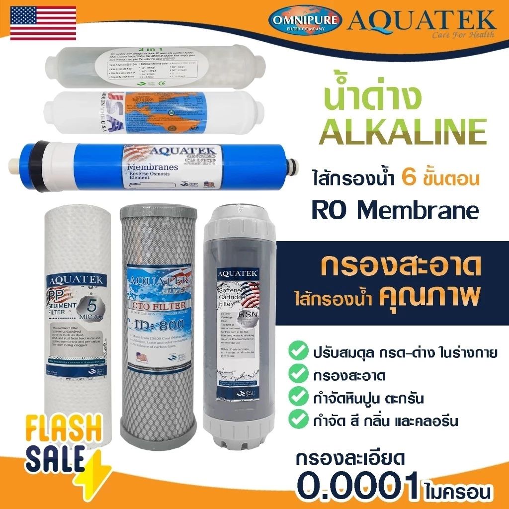 Aquatek ไส้กรองน้ำ RO 5 6 ขั้นตอน USA น้ำแร่ น้ำด่าง 50 75 150 200 GPD PP Carbon Resin Omnipure Mazuma Unipure CCK