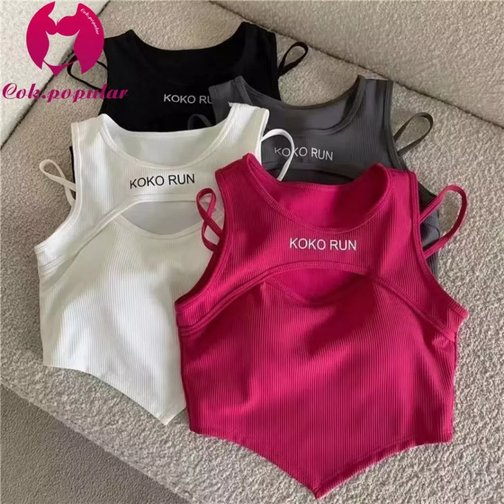 #112 สินค้าพร้อมส่งจากไทย เสื้อครอป ผ้านุ่มใส่สบายสกรีนอักษร แต่งสายเดี่ยวเปิดไหล่ COK